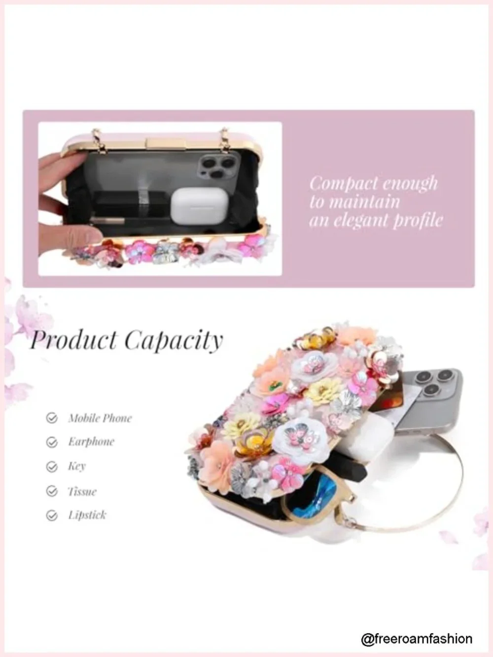 Beaded Floral Clutch Evening Bag with Chain